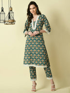 Myshka Women's Green Straight Kurta & Trousers | Grocsy