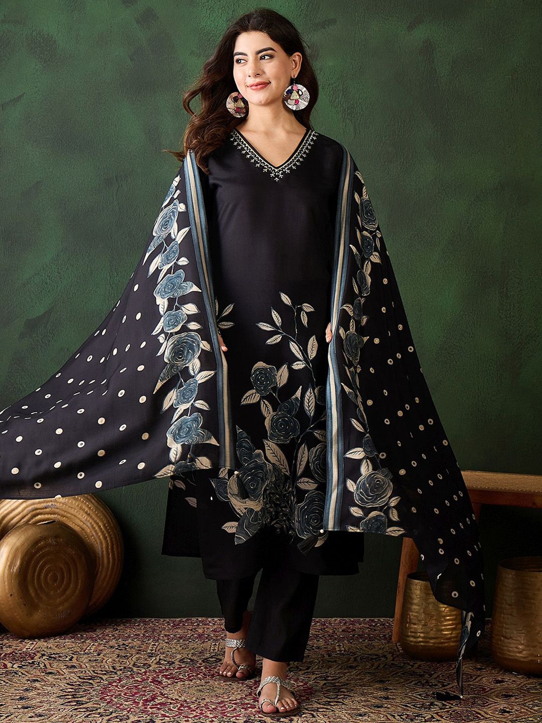 Sangria Floral Printed Sequinned V-Neck Straight Kurta & Trouser With Dupatta | Grocsy