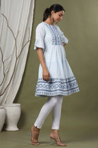 Juniper Sky Blue Cotton Dobby Festive Embroidered Tiered Dress For Women | Grocsy