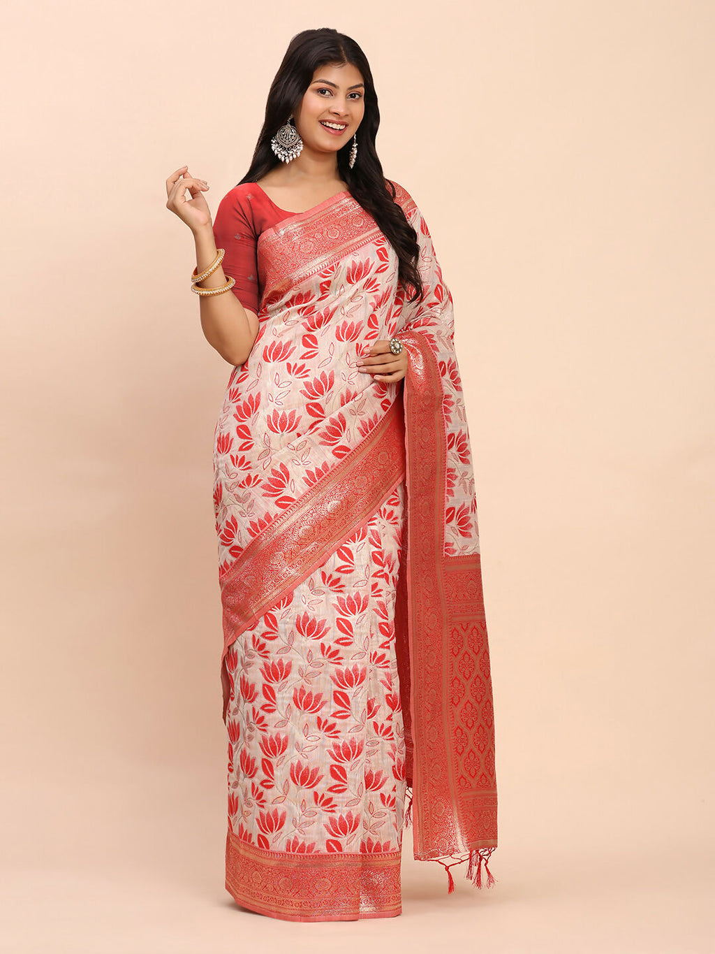 Shree Shyam Fashion Linen Cotton Red Saree | Grocsy