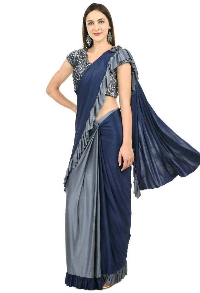 Mominos Fashion All Season Wear Gray And Blue Ruffled Ready To Wear Saree | Grocsy