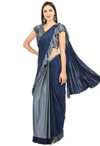 Mominos Fashion All Season Wear Gray And Blue Ruffled Ready To Wear Saree | Grocsy