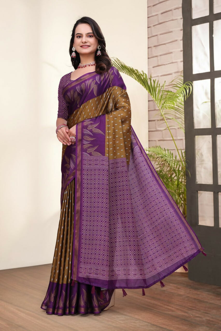 Prime Volt Mal Cotton Mustard Purple Ethnic Printed Saree with Designer Blouse Piece | Grocsy