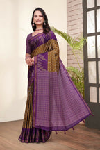 Prime Volt Mal Cotton Mustard Purple Ethnic Printed Saree with Designer Blouse Piece | Grocsy