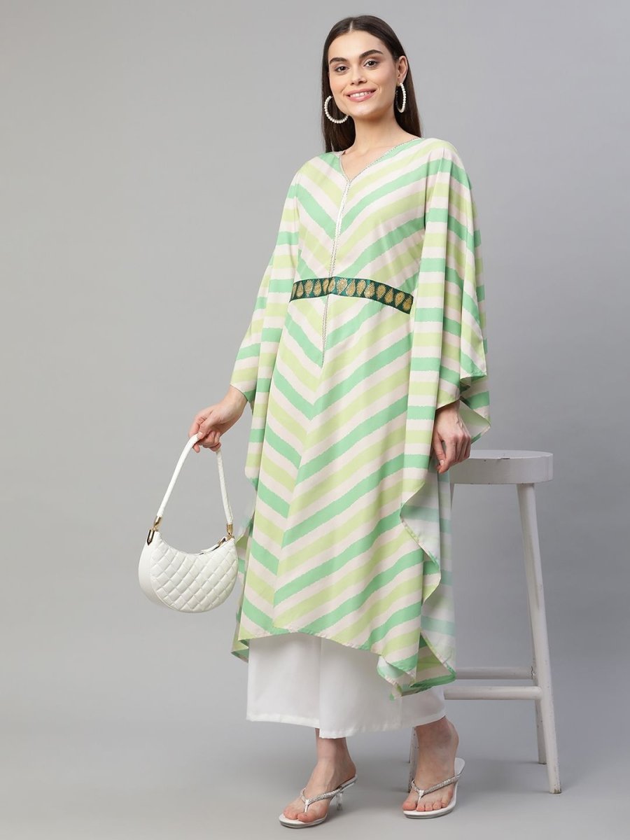 Ahalyaa Women Green Crepe Digital Printed Flared Sleeve Kaftan Kurta | Grocsy