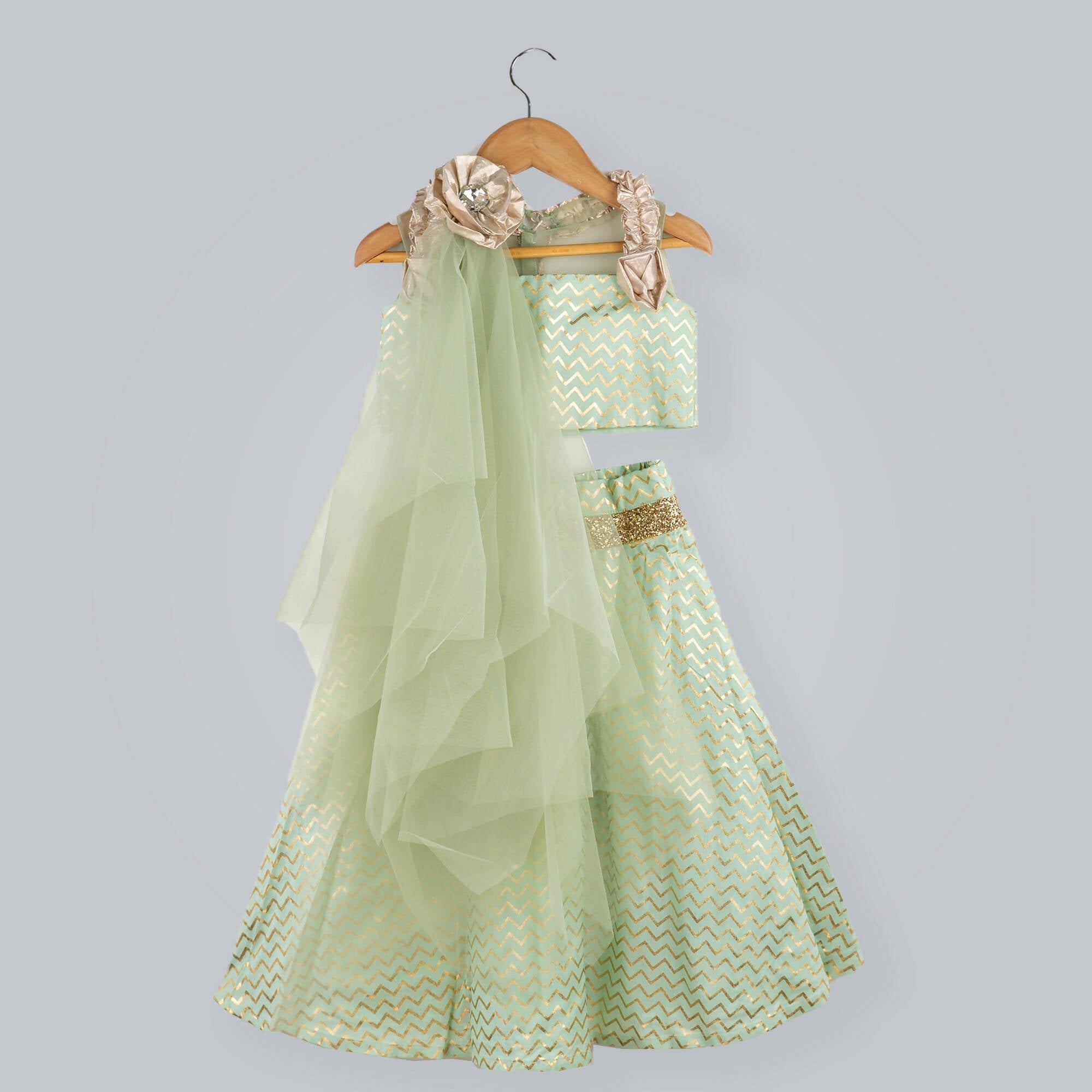 Pink Cow Fashions Zig-Zag Printed Ghagra Choli With Frill Strips | Grocsy