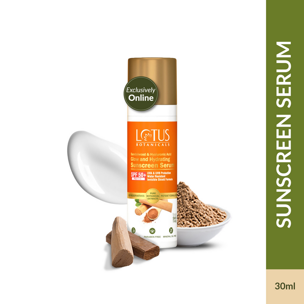 Lotus Botanicals Sandalwood & Hyaluronic Acid Glow and Hydrating Sunscreen Serum, SPF 50+, PA+++ | Grocsy