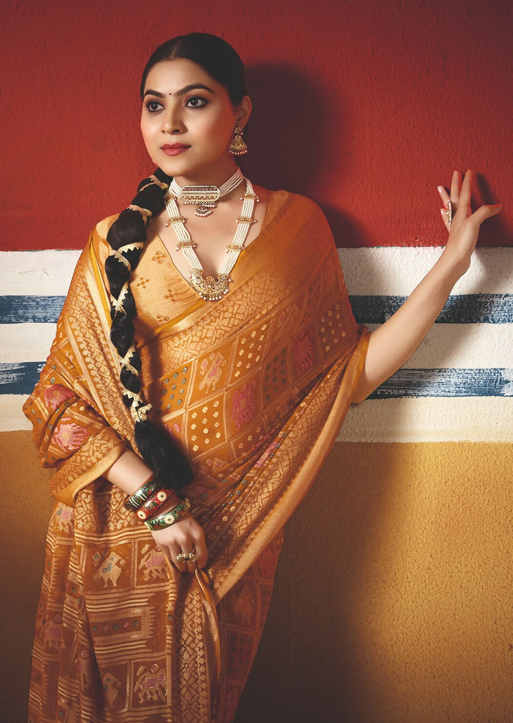 Joban Fashion Yellow Dull Moss Brasso Saree | Grocsy