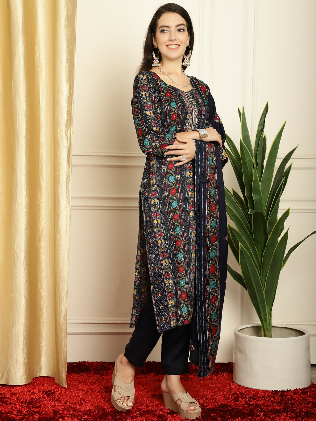 Jyoti Fashion Women's Navy Blue Pashmina Floral Digital Printed Kurta with Trouser & Dupatta | Grocsy
