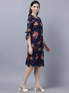 Myshka Women Navy Blue Pink Floral Print A-line Dress | Grocsy