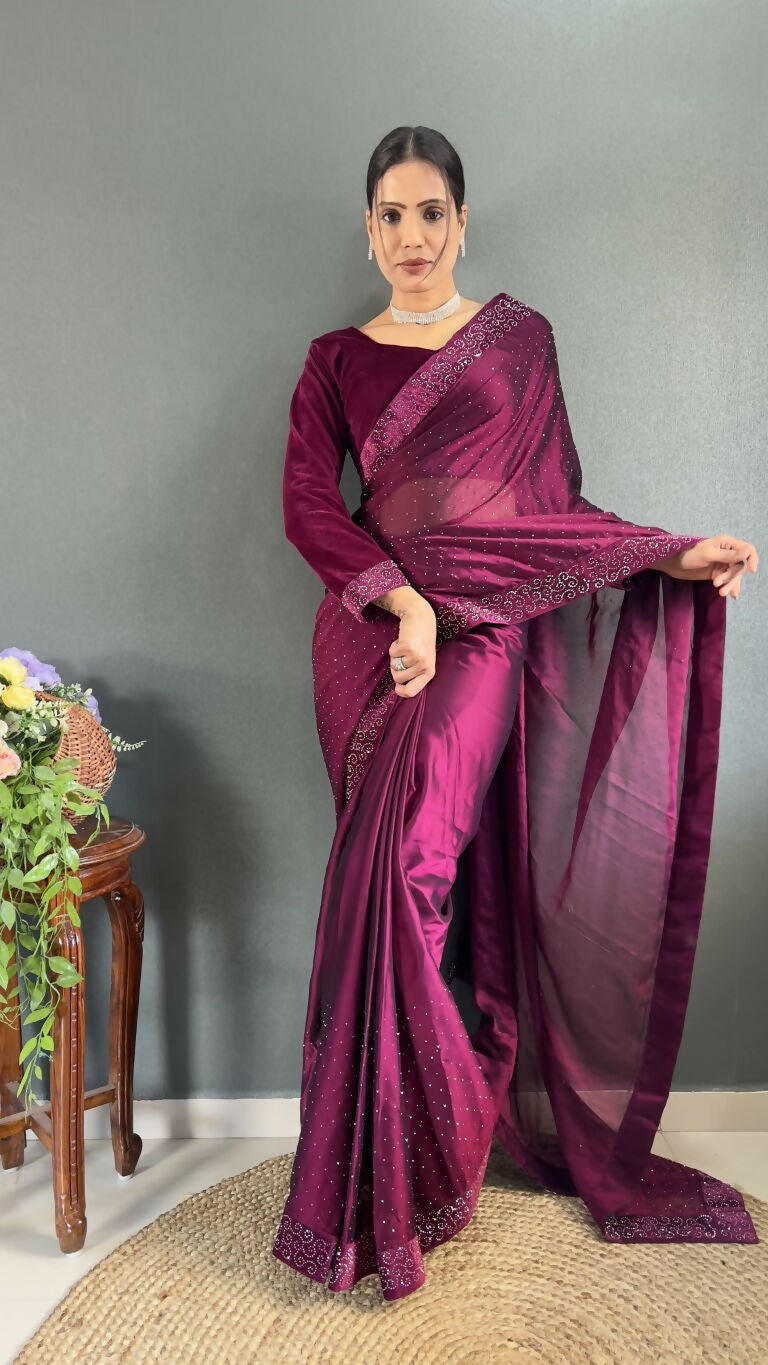 Vastranavya Wine Rangoli Silk Swarovski work Ready to Wear Saree | Grocsy