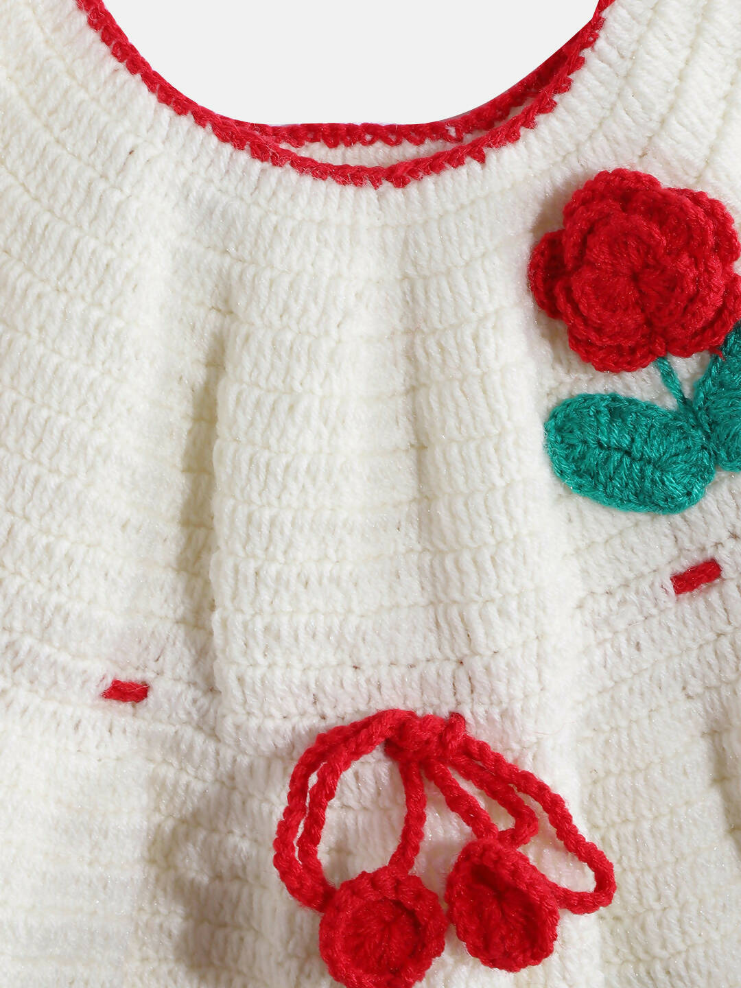 Chutput Kids Woollen Hand Knitted Full Sleeves Rosette Work Dress For Baby Girls - White | Grocsy