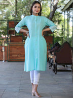 Juniper Women's Seagreen Cotton Slub Embroidered Straight Kurta | Grocsy