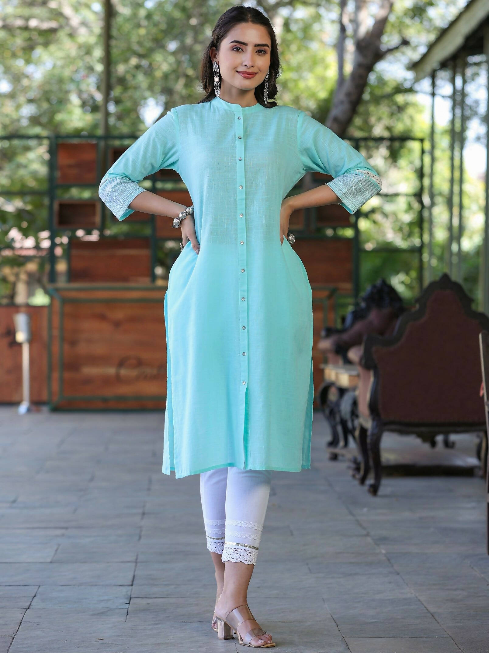 Juniper Women's Seagreen Cotton Slub Embroidered Straight Kurta | Grocsy
