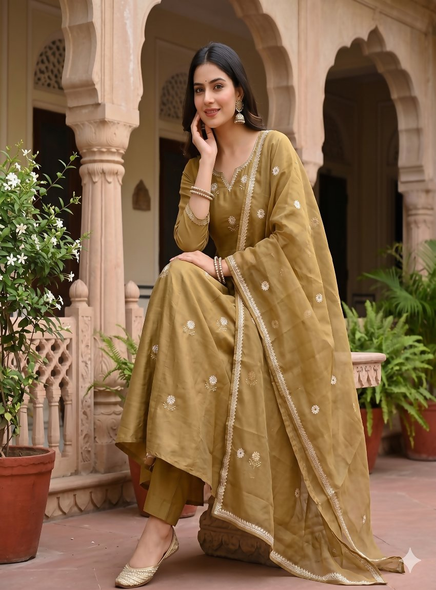 Teeya Creation Festive Gold-Olive Green Anarkali Kurta Pant Set For Women | Grocsy