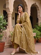 Teeya Creation Festive Gold-Olive Green Anarkali Kurta Pant Set For Women | Grocsy