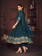 Jyoti Fashion Women's Rama Georgette Embroidered Anarkali Kurta Pant Set With Dupatta | Grocsy