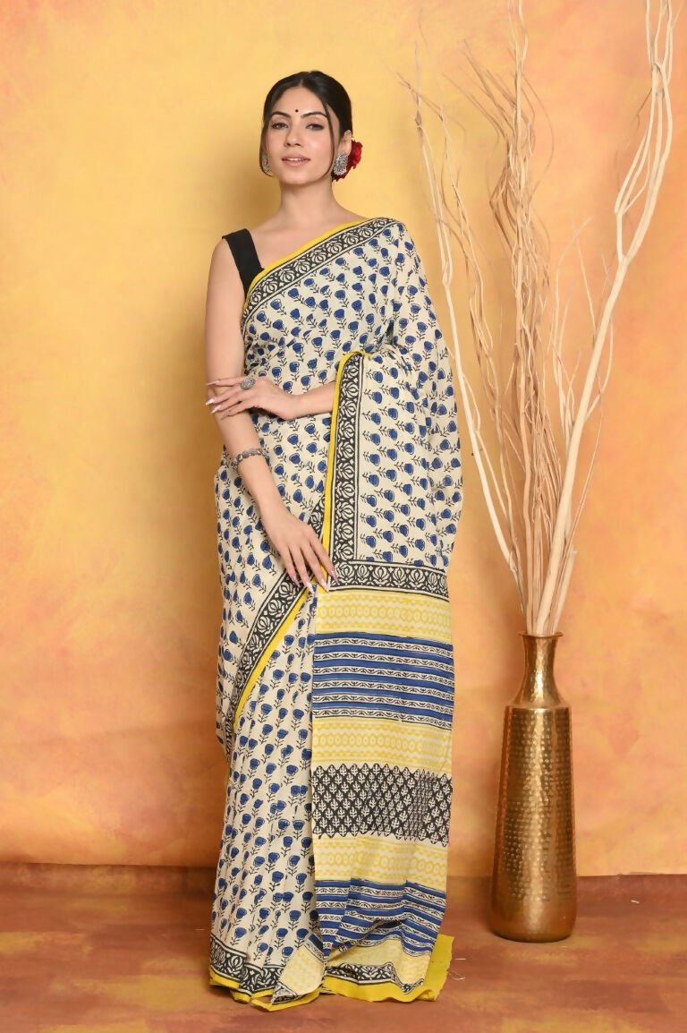 Very Much Indian Handblock Printed Cotton Saree With Natural Dyes - White | Grocsy