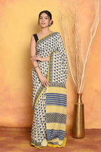 Very Much Indian Handblock Printed Cotton Saree With Natural Dyes - White | Grocsy