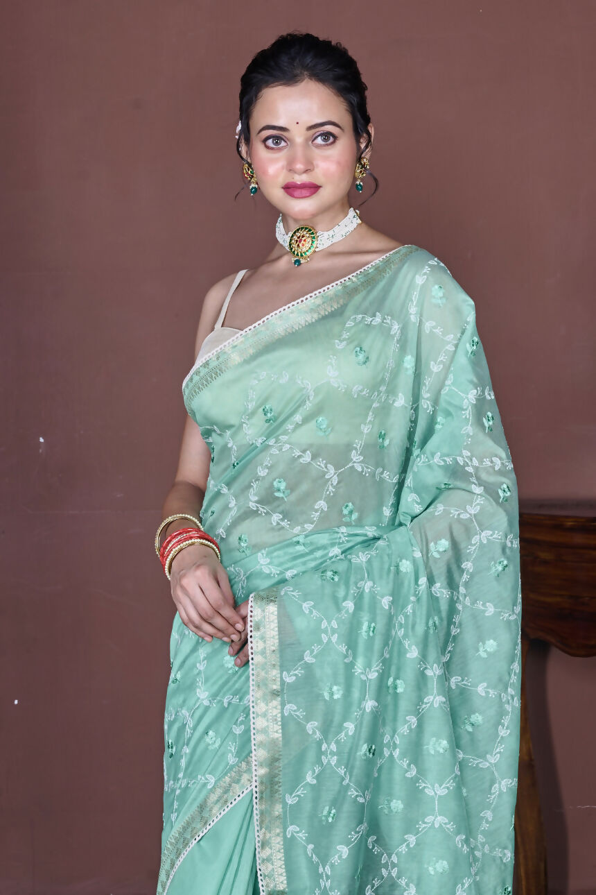 Morchari Green Cotton Chanderi Embroidery Saree Unstitched Blouse | Grocsy