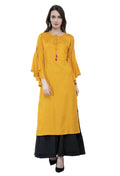 Women's Mustard Round Neck Kurti With Front Neck Opening And Dori, Flared Sleeves - G & A Apparels | Grocsy