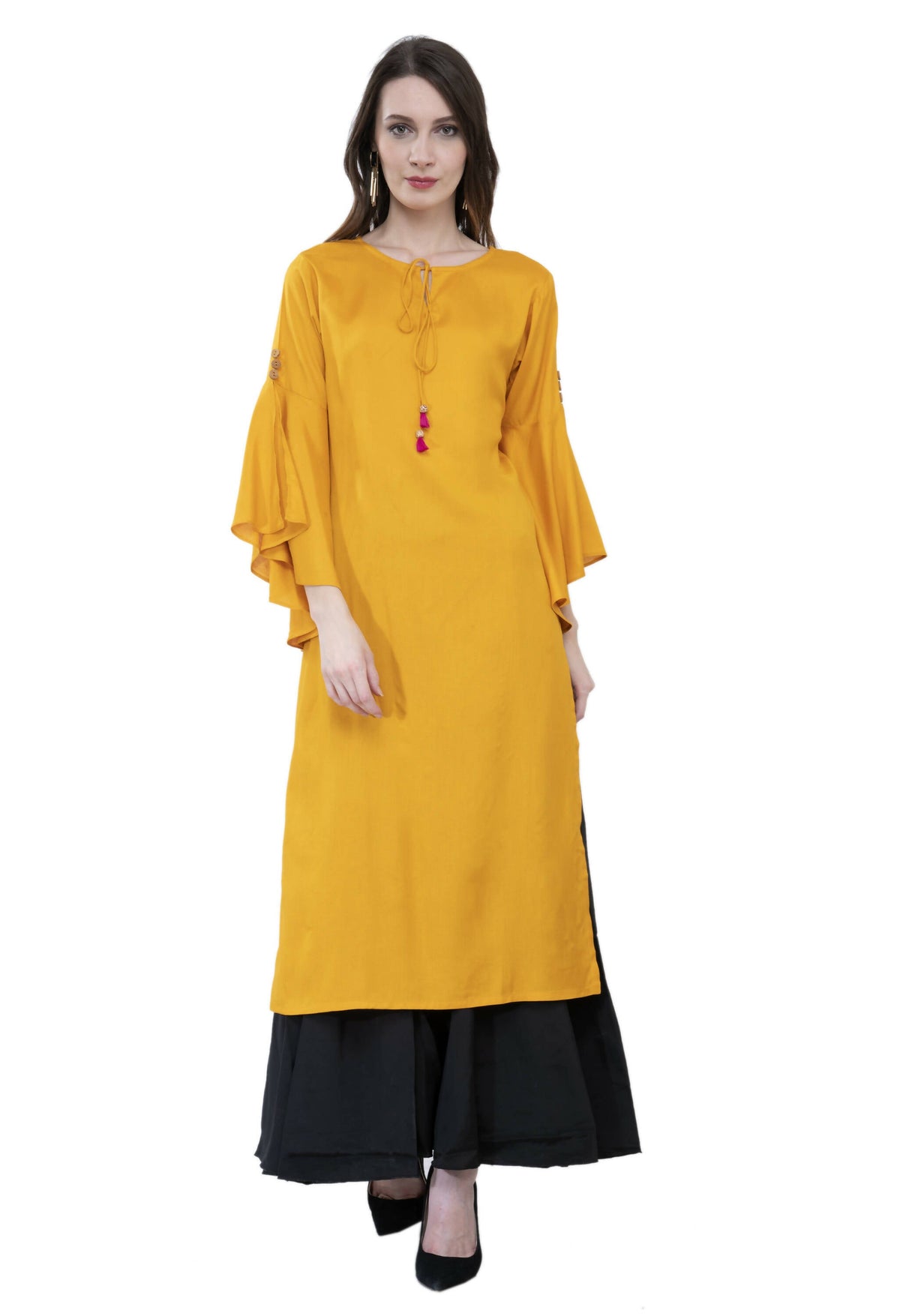 Women's Mustard Round Neck Kurti With Front Neck Opening And Dori, Flared Sleeves - G & A Apparels | Grocsy