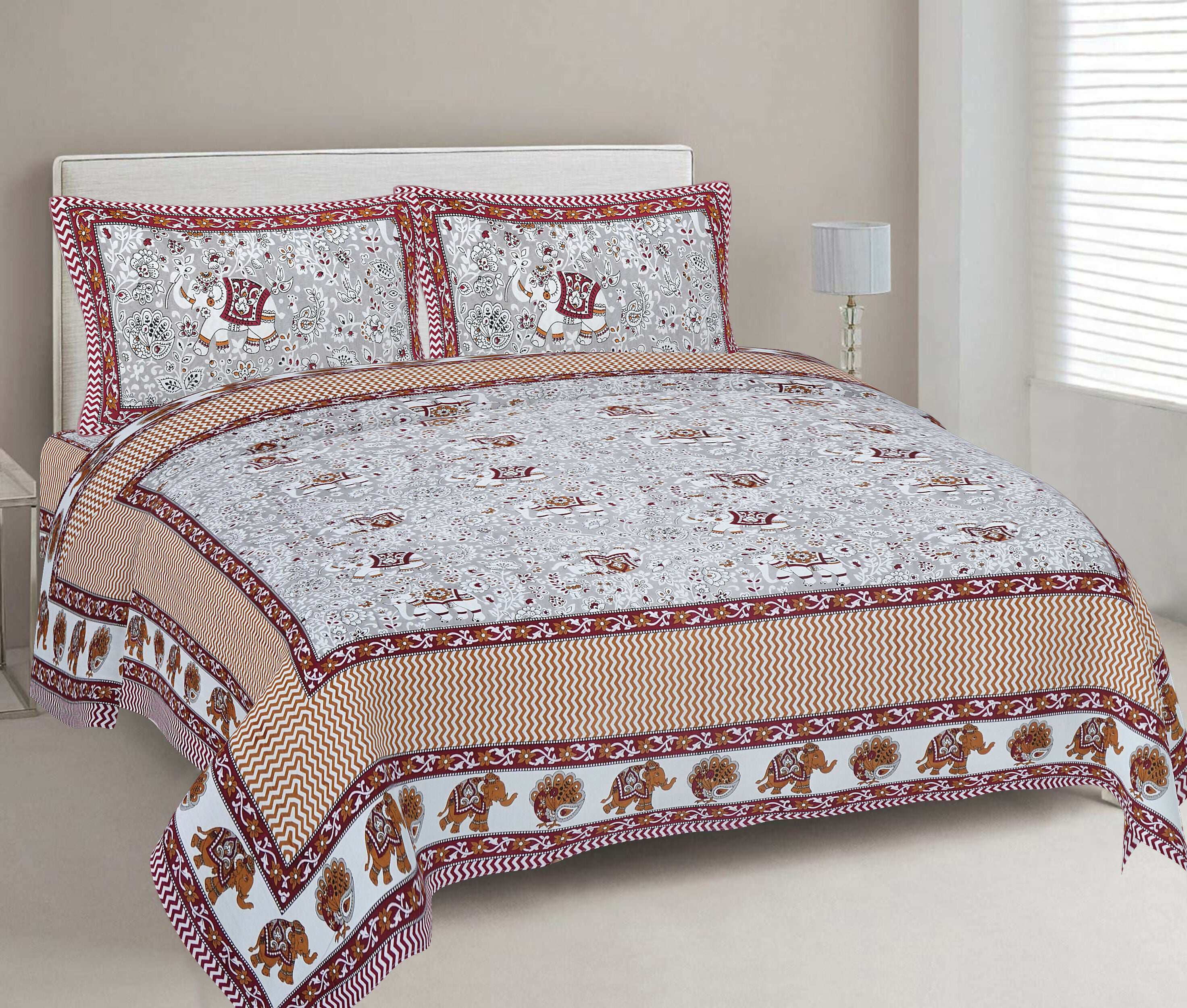 Rudra Bazaar Grey 210 TC Cotton Double King Bedsheet With 2 Pillow Covers | Grocsy