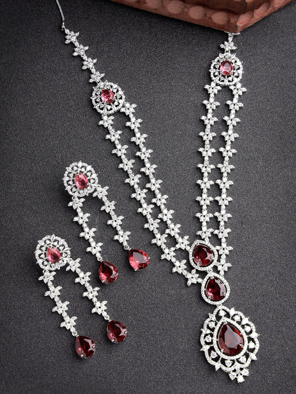 NVR Women's Silver-Plated Red CZ-Studded Handcrafted Jewellery Set | Grocsy
