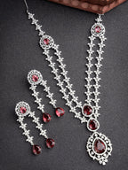 NVR Women's Silver-Plated Red CZ-Studded Handcrafted Jewellery Set | Grocsy