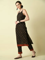 Myshka Women's Black Printed Kurta With Trouser | Grocsy