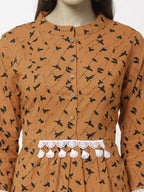Myshka Women Orange Pure Cotton Printed 3/4 Sleeve Round Casual Tunic | Grocsy