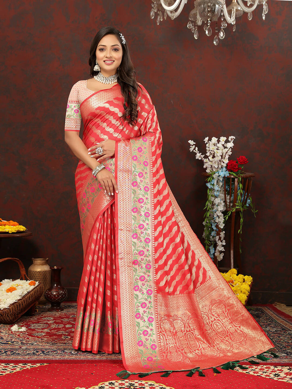 Lorenvalley Fashion Red Soft Silk Woven Design with Zari Weaving Leheriya Design Saree | Grocsy