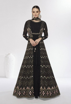 Lorenvalley Fashion Black Faux Georgette Embroidery Work Gown Jacket Stitched | Grocsy