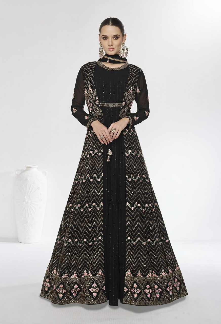 Lorenvalley Fashion Black Faux Georgette Embroidery Work Gown Jacket Stitched | Grocsy