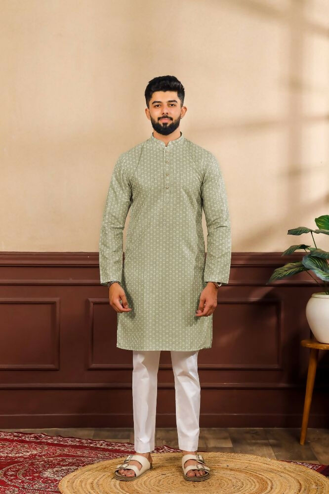 Pista Art Silk Digital Printed, Embroidery Work Kurta Set - Mahotsav | Grocsy