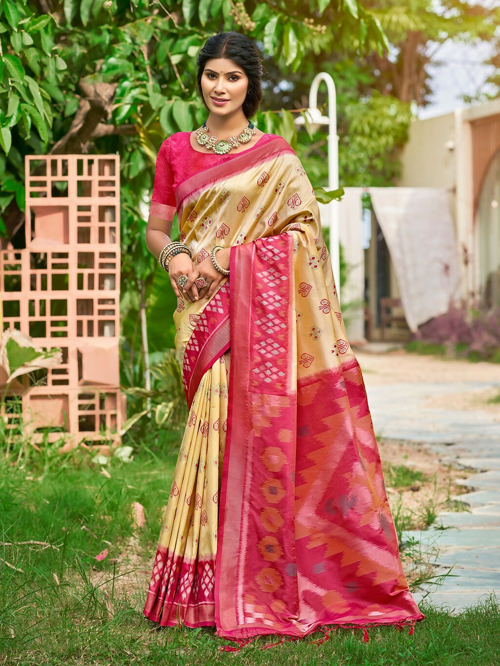 Shree Shyam Fashion Cream Soft Silk Saree | Grocsy
