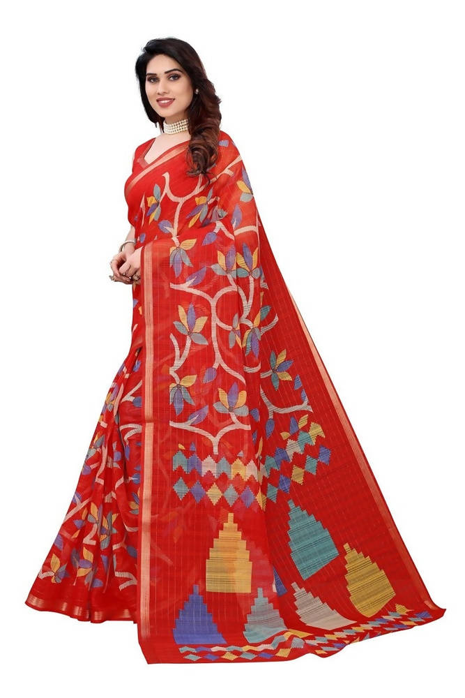 Vamika Red Linen Zari Border Beautiful Saree | Grocsy