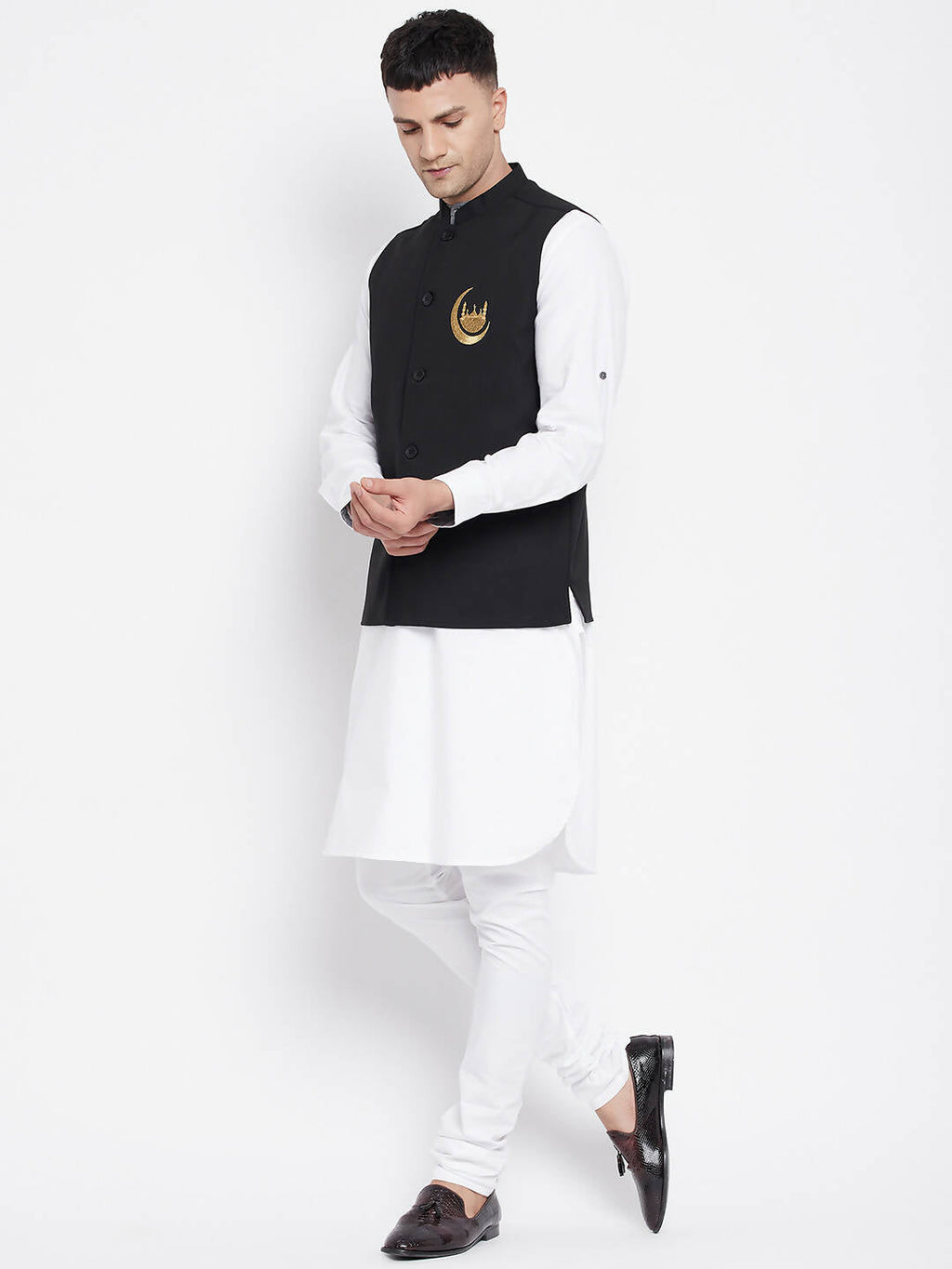 Even Apparels Black Pure Cotton Nehru Jacket With Eid Insignia NJ-PW668-CHA | Grocsy