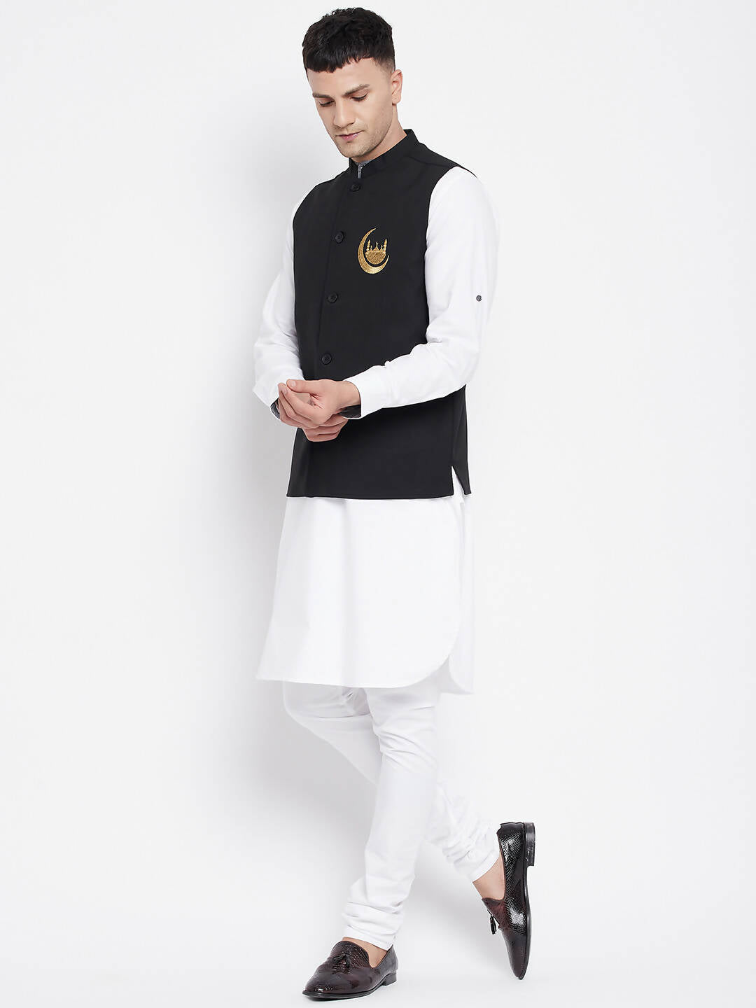 Even Apparels Black Pure Cotton Nehru Jacket With Eid Insignia NJ-PW668-CHA | Grocsy