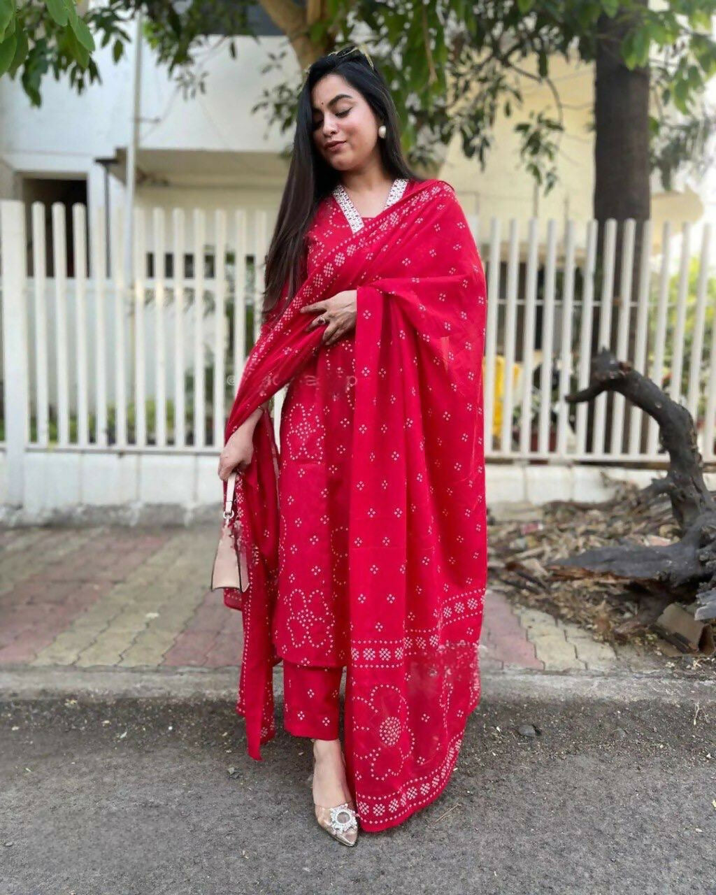 The52 Red Women's Beautiful Rayon Fabric Printed Work Straight Kurta Pant and Dupatta Set | Grocsy