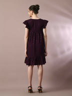 Myshka Women's Violet Embroidered Cotton Round Neck A-Line Party Dress | Grocsy