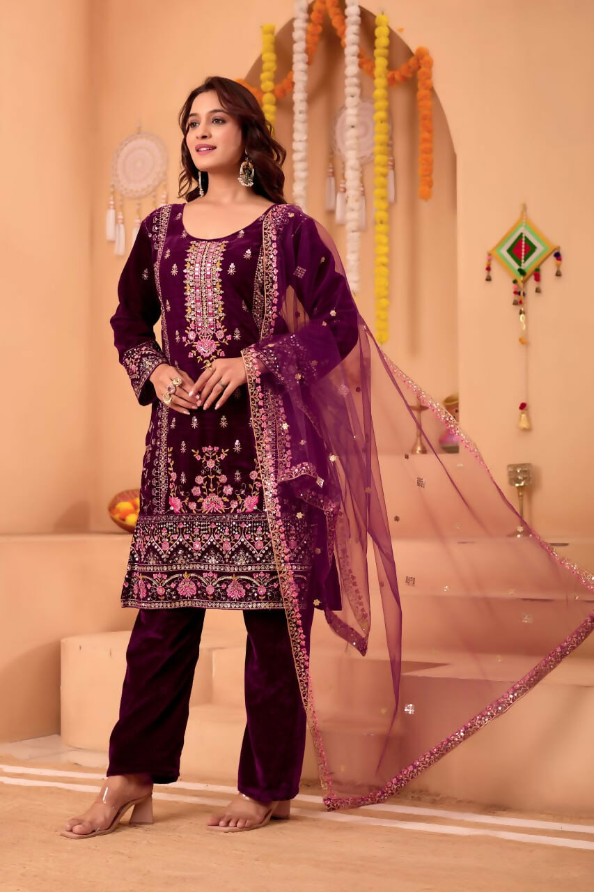 Joban Fashion Purple Kurta Set Velvet Embroidery Sequence Work | Grocsy