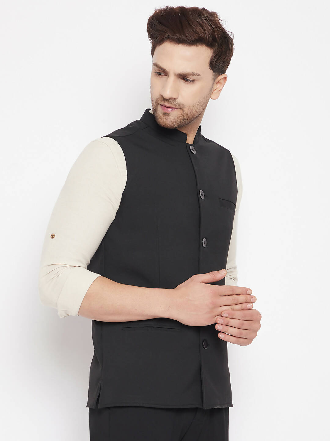 Even Apparels Black Merino Men Woven Nehru Jacket PW668 | Grocsy