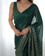 Green Georgette Designer Sequence Embroidery Work Saree - Sitare | Grocsy