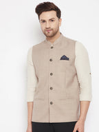 Even Apparels Cream Linen Men's Nehru Jacket-Contrast Lining-Inbuilt Pocket Square | Grocsy