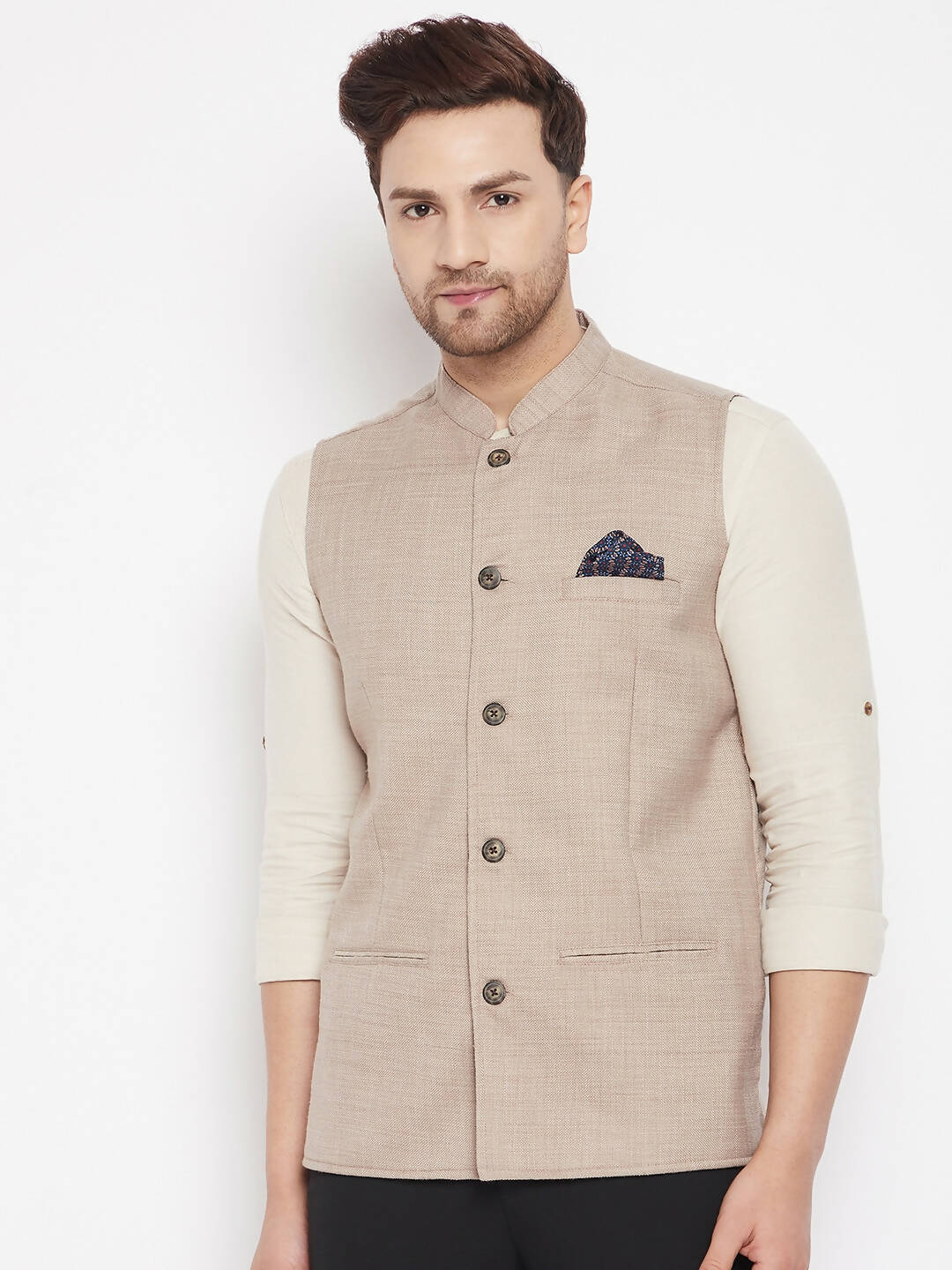 Even Apparels Cream Linen Men's Nehru Jacket-Contrast Lining-Inbuilt Pocket Square | Grocsy