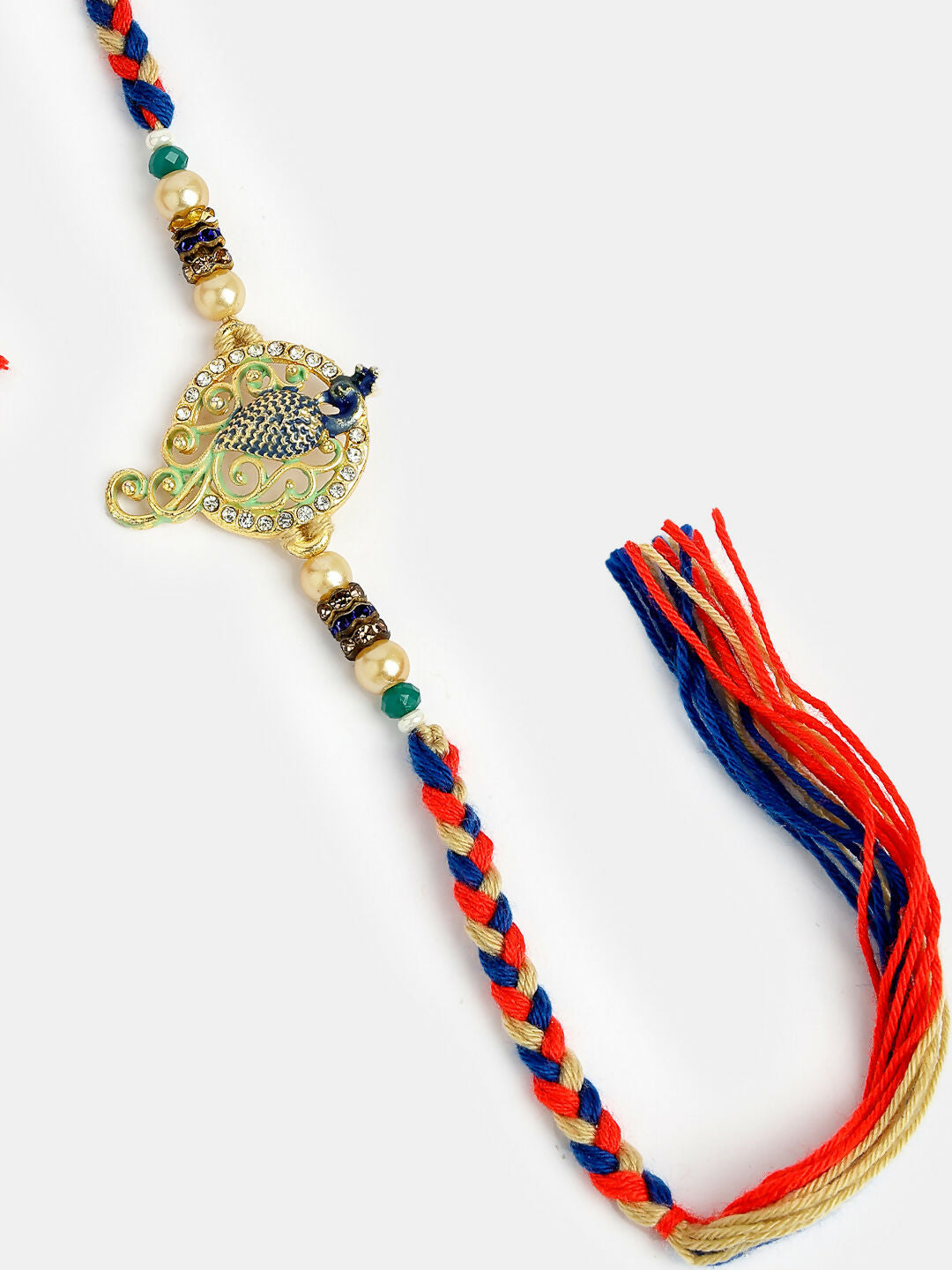 NVR Men Gold-Toned Peacock Design Stone-Studdded Rakhi With Roli Chawal | Grocsy