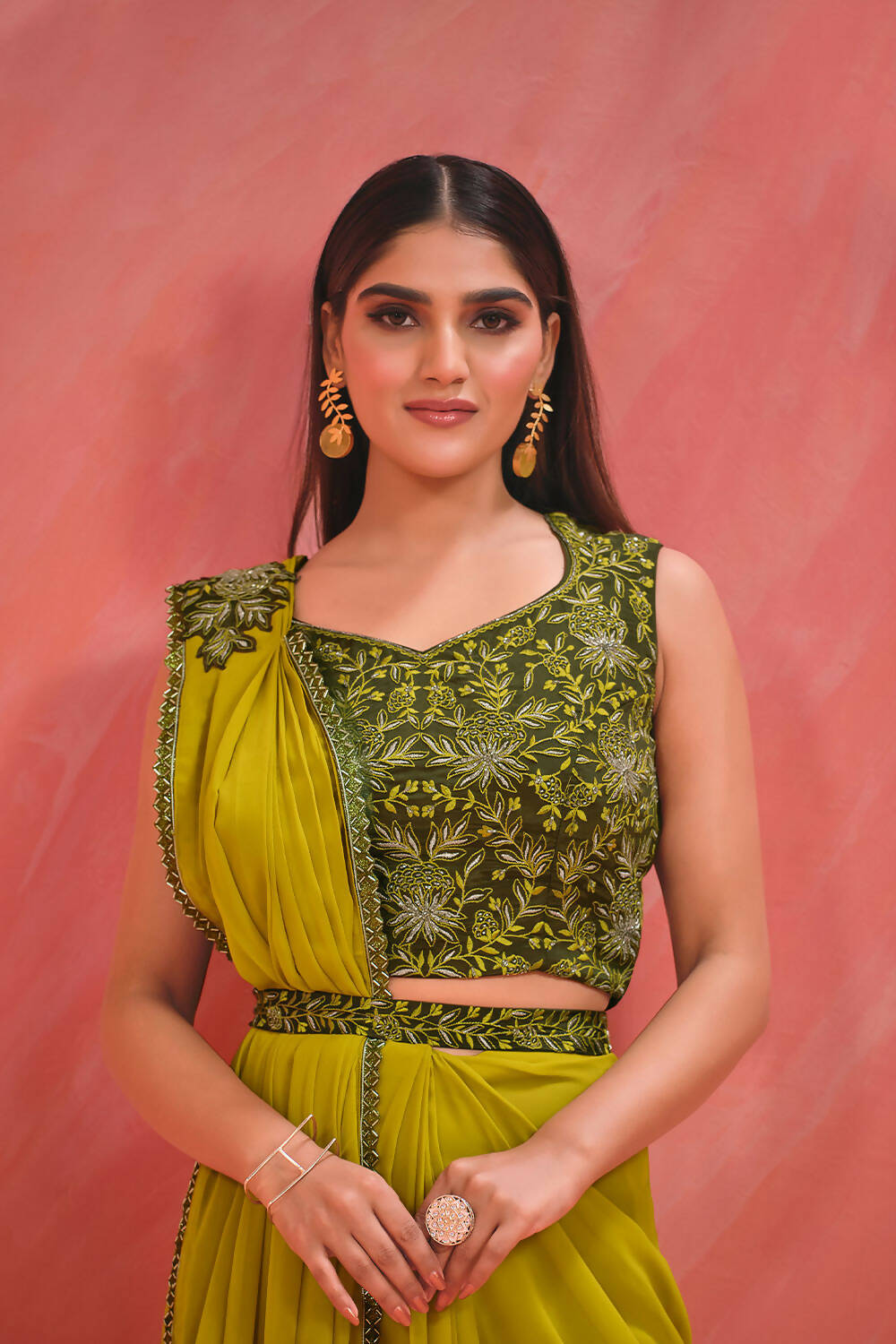 Green Georgette Thread, Jari & Kardana Handwork Saree With Stitched Blouse - Mohmanthan Elegancia | Grocsy
