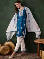 Sangria Teal Blue Paisley Embroidered Thread Work Straight Kurta & Trouser With Dupatta | Grocsy