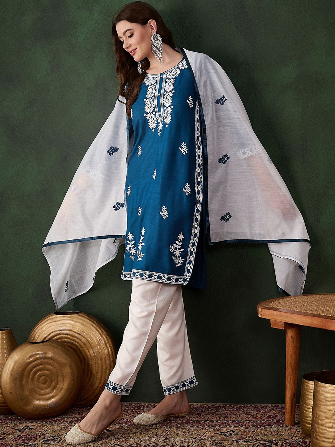Sangria Teal Blue Paisley Embroidered Thread Work Straight Kurta & Trouser With Dupatta | Grocsy
